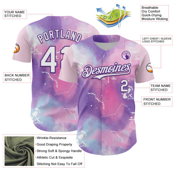 Custom Purple White 3D Pattern Design Constellation Space Galaxy Star Authentic Baseball Jersey