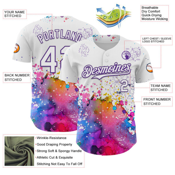 Custom White Purple 3D Pattern Design Graffiti Splash And Constellation Space Galaxy Star Authentic Baseball Jersey