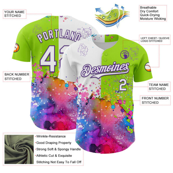 Custom Neon Green White-Purple 3D Pattern Design Graffiti Splash And Constellation Space Galaxy Star Authentic Baseball Jersey
