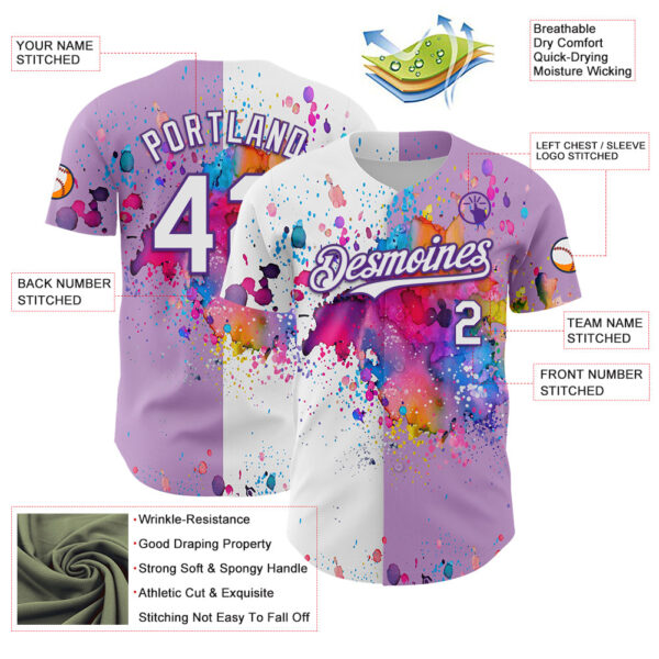 Custom Light Purple White-Purple 3D Pattern Design Graffiti Splash Authentic Baseball Jersey