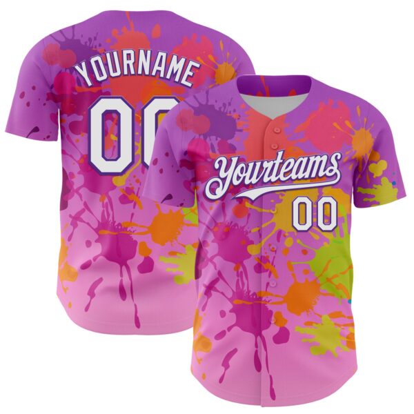 Custom Purple White 3D Pattern Design Graffiti Splash Authentic Baseball Jersey