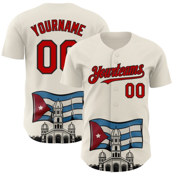 Custom Cream Red-Black 3D Cuba Santiago Cuban Flag Authentic Baseball Jersey