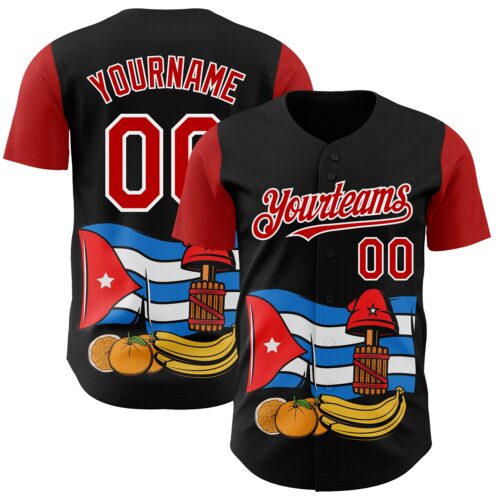 Custom Black Red-White 3D Cuba Cuban Flag Authentic Baseball Jersey