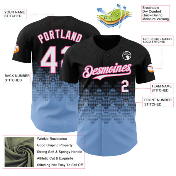 Custom Black White Light Blue-Pink 3D Gradient Square Shape Authentic Baseball Jersey