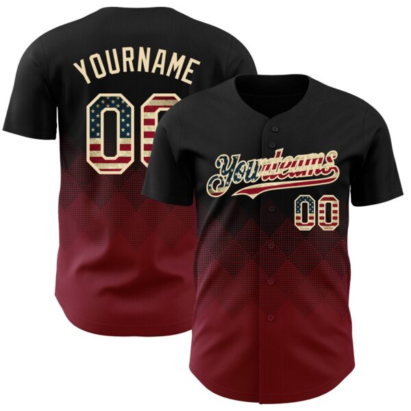 Custom Black Vintage USA Flag Crimson-Cream 3D Gradient Square Shape Authentic Baseball Jersey