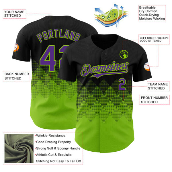 Custom Black Purple-Neon Green 3D Gradient Square Shape Authentic Baseball Jersey