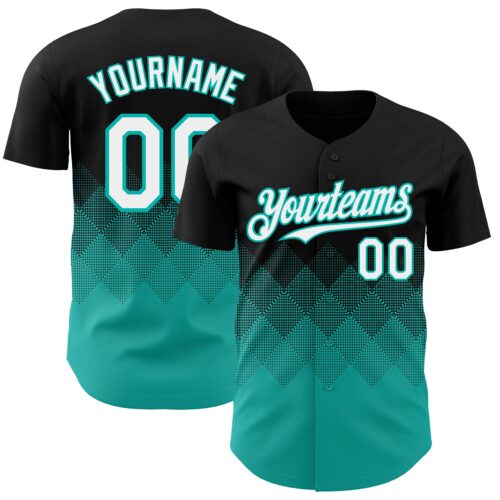 3DPattern7282 Custom Black White-Aqua 3D Gradient Square Shape Authentic Baseball Jersey
