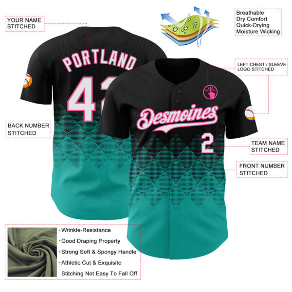 Custom Black White Aqua-Pink 3D Gradient Square Shape Authentic Baseball Jersey