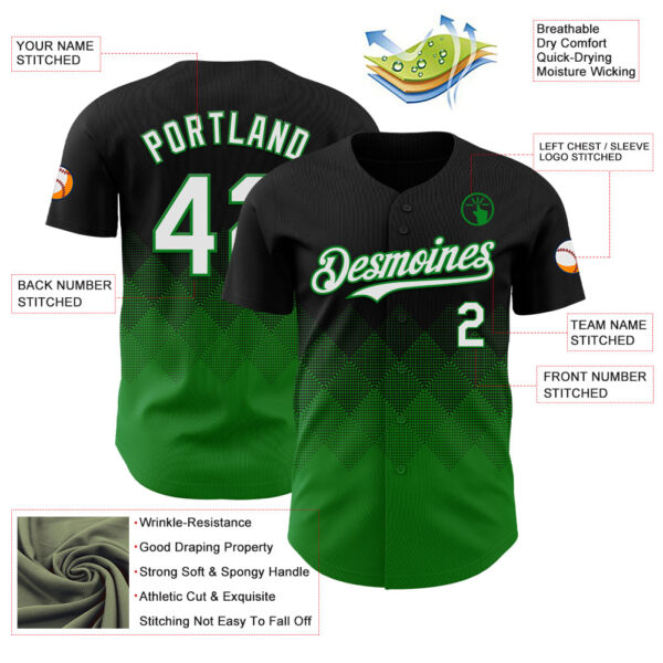 Custom Black White-Grass Green 3D Gradient Square Shape Authentic Baseball Jersey