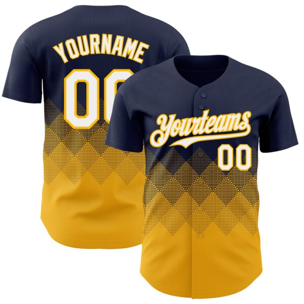 Custom Navy White-Gold 3D Gradient Square Shape Authentic Baseball Jersey