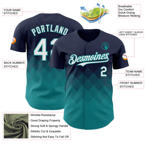 Custom Navy White-Teal 3D Gradient Square Shape Authentic Baseball Jersey