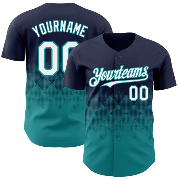 Custom Navy White-Teal 3D Gradient Square Shape Authentic Baseball Jersey