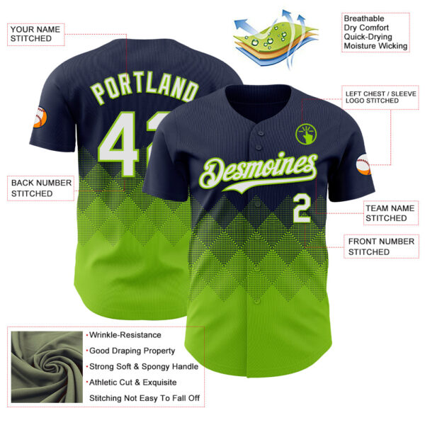 Custom Navy White-Neon Green 3D Gradient Square Shape Authentic Baseball Jersey