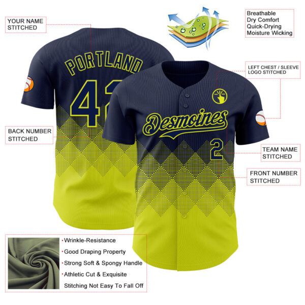 Custom Navy Neon Yellow 3D Gradient Square Shape Authentic Baseball Jersey
