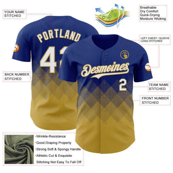 Custom Royal White-Old Gold 3D Gradient Square Shape Authentic Baseball Jersey
