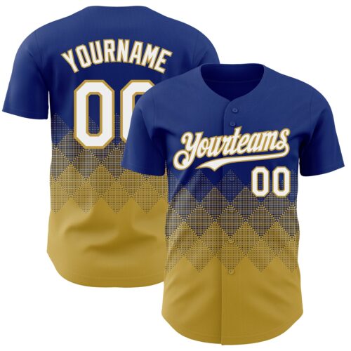 3DPattern7311 Custom Royal White-Old Gold 3D Gradient Square Shape Authentic Baseball Jersey