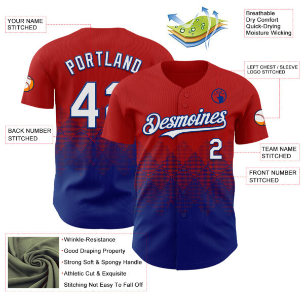 Custom Red White-Royal 3D Gradient Square Shape Authentic Baseball Jersey