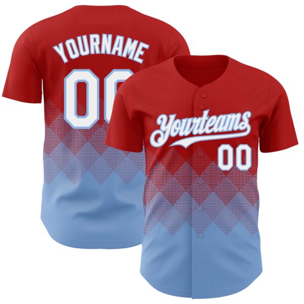 Custom Red White-Light Blue 3D Gradient Square Shape Authentic Baseball Jersey