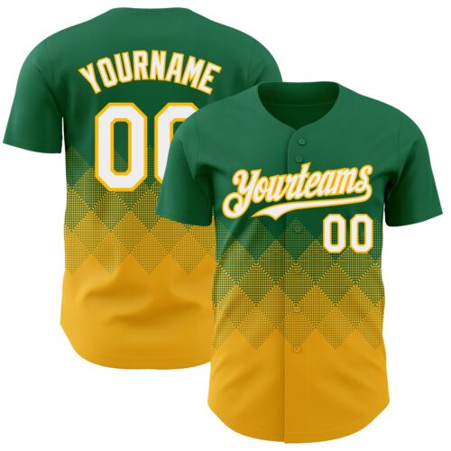 3DPattern7326 Custom Kelly Green White-Gold 3D Gradient Square Shape Authentic Baseball Jersey