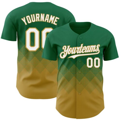 3DPattern7327 Custom Kelly Green White-Old Gold 3D Gradient Square Shape Authentic Baseball Jersey