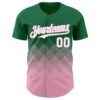 Custom Kelly Green White-Light Pink 3D Gradient Square Shape Authentic Baseball Jersey