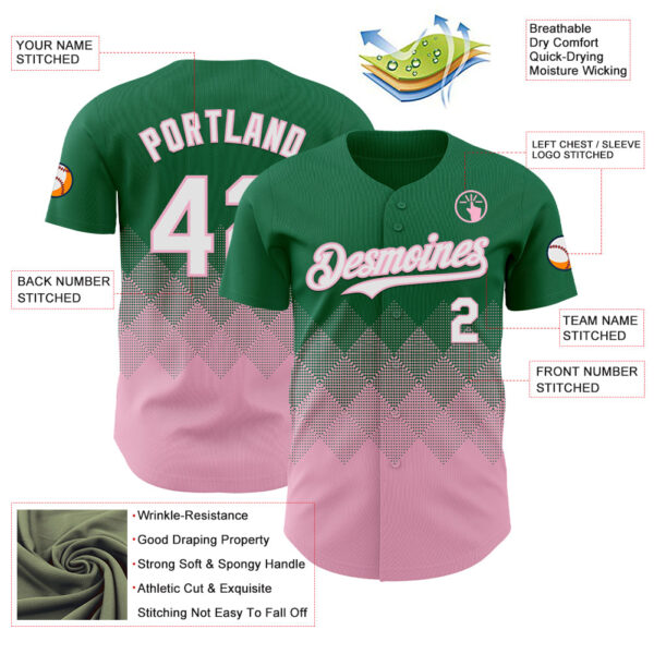 Custom Kelly Green White-Light Pink 3D Gradient Square Shape Authentic Baseball Jersey