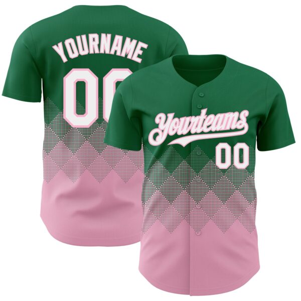 Custom Kelly Green White-Light Pink 3D Gradient Square Shape Authentic Baseball Jersey