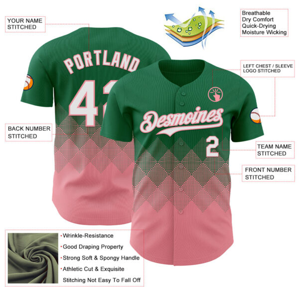 Custom Kelly Green White-Medium Pink 3D Gradient Square Shape Authentic Baseball Jersey