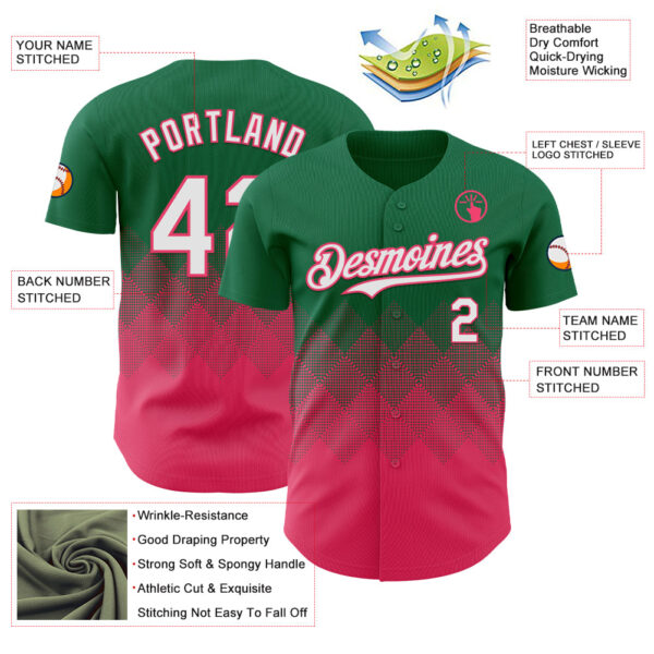 Custom Kelly Green White-Neon Pink 3D Gradient Square Shape Authentic Baseball Jersey
