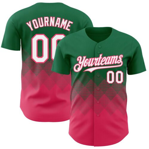 3DPattern7333 Custom Kelly Green White-Neon Pink 3D Gradient Square Shape Authentic Baseball Jersey