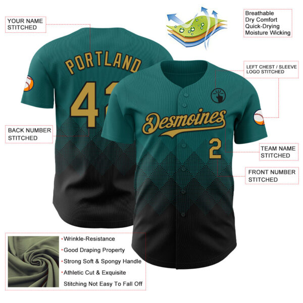 Custom Teal Old Gold-Black 3D Gradient Square Shape Authentic Baseball Jersey