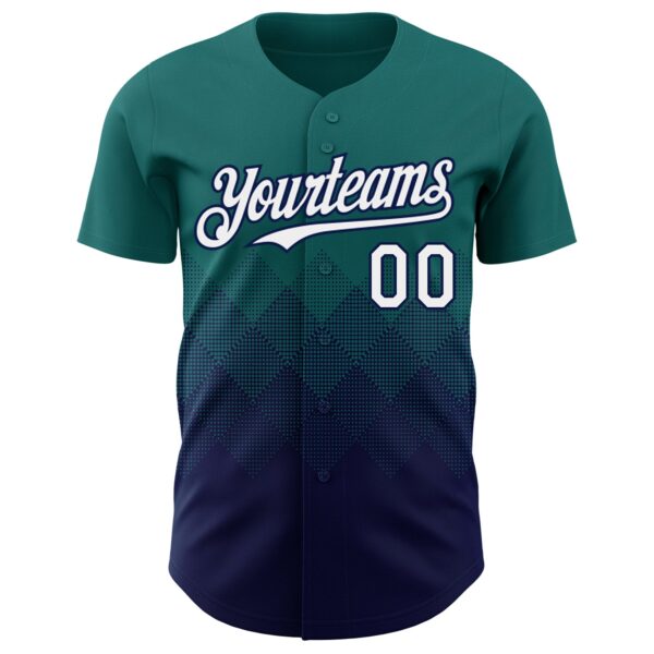 Custom Teal White-Navy 3D Gradient Square Shape Authentic Baseball Jersey