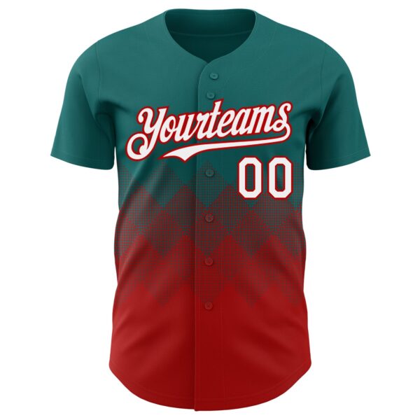Custom Teal White-Red 3D Gradient Square Shape Authentic Baseball Jersey