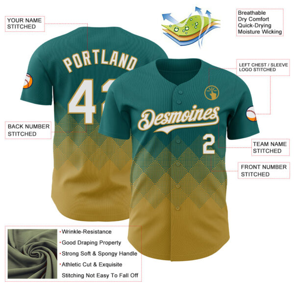Custom Teal White-Old Gold 3D Gradient Square Shape Authentic Baseball Jersey