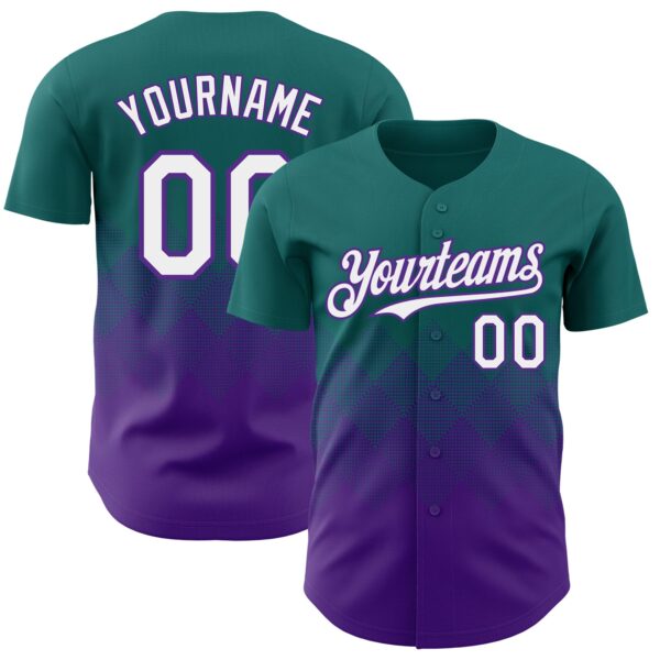Custom Teal White-Purple 3D Gradient Square Shape Authentic Baseball Jersey
