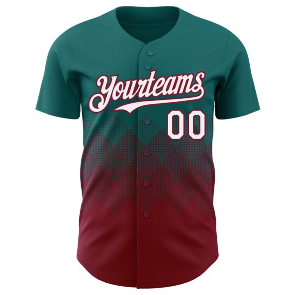 Custom Teal White-Crimson 3D Gradient Square Shape Authentic Baseball Jersey