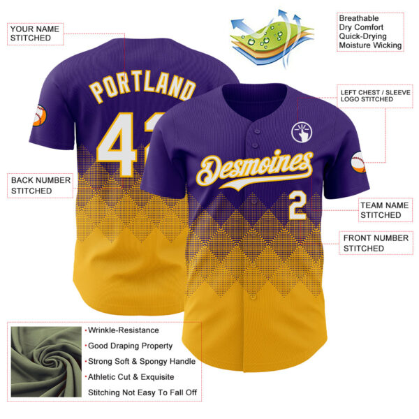 Custom Purple White-Gold 3D Gradient Square Shape Authentic Baseball Jersey