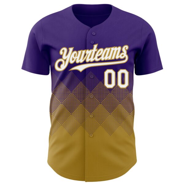 Custom Purple White-Old Gold 3D Gradient Square Shape Authentic Baseball Jersey