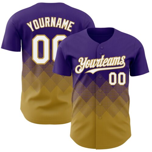Custom Purple White-Old Gold 3D Gradient Square Shape Authentic Baseball Jersey