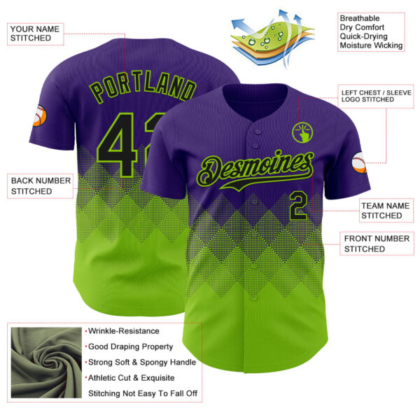 Custom Purple Black-Neon Green 3D Gradient Square Shape Authentic Baseball Jersey