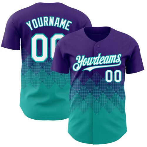 Custom Purple White-Aqua 3D Gradient Square Shape Authentic Baseball Jersey