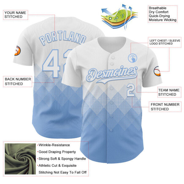 Custom White Light Blue 3D Gradient Square Shape Authentic Baseball Jersey