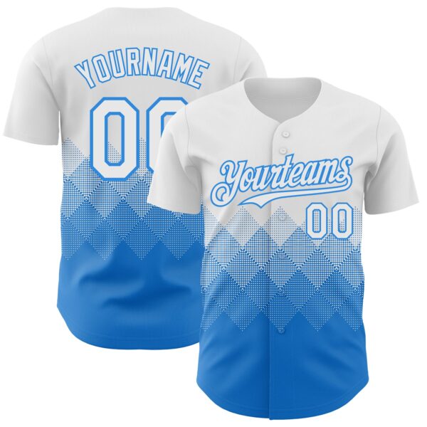 Custom White Electric Blue 3D Gradient Square Shape Authentic Baseball Jersey