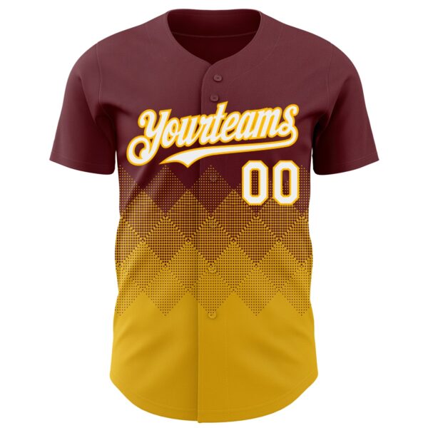 Custom Burgundy White-Gold 3D Gradient Square Shape Authentic Baseball Jersey