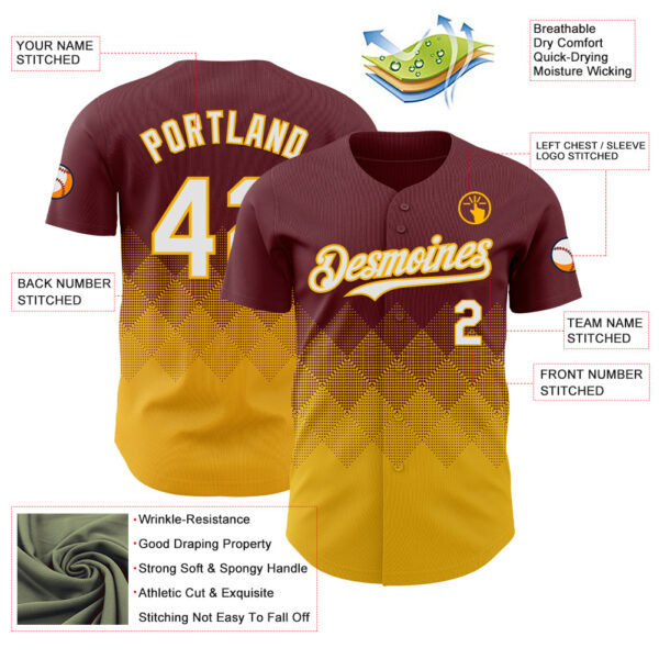 Custom Burgundy White-Gold 3D Gradient Square Shape Authentic Baseball Jersey
