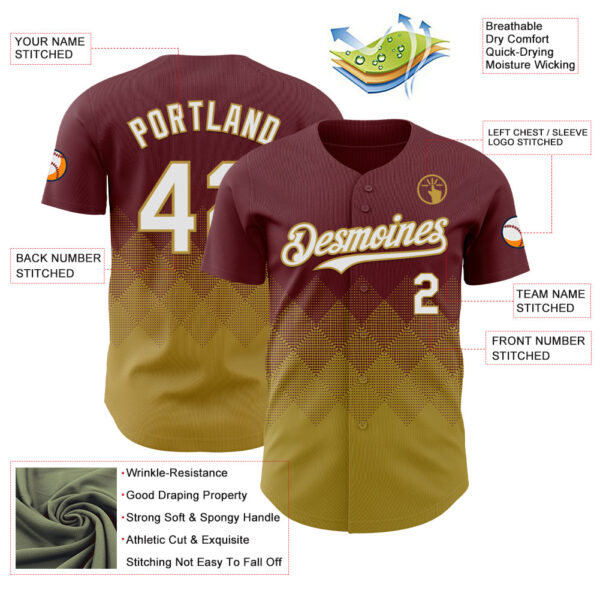 Custom Burgundy White-Old Gold 3D Gradient Square Shape Authentic Baseball Jersey
