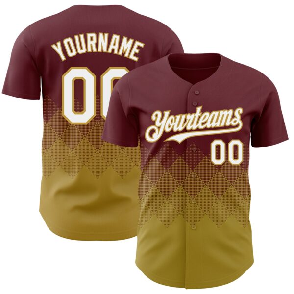 Custom Burgundy White-Old Gold 3D Gradient Square Shape Authentic Baseball Jersey