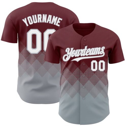 Custom Burgundy White-Gray 3D Gradient Square Shape Authentic Baseball Jersey
