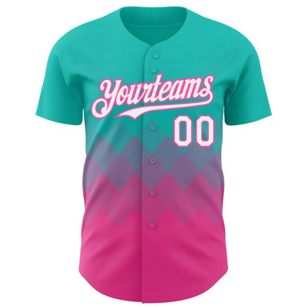 Custom Aqua White-Pink 3D Gradient Square Shape Authentic Baseball Jersey