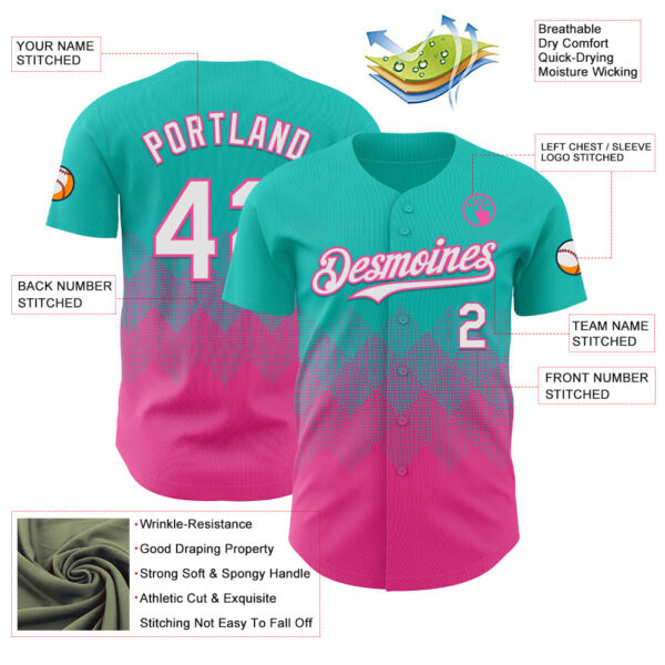 Custom Aqua White-Pink 3D Gradient Square Shape Authentic Baseball Jersey